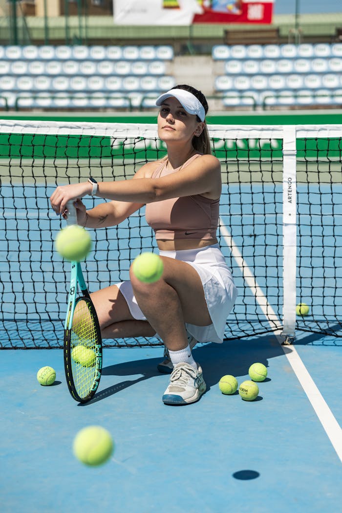 Woman Crouching with Tennis Racket and Balls